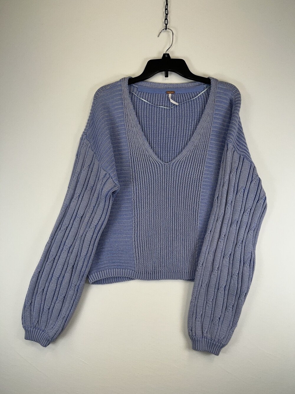 Free People Sweater Womens Large Purple V Neck Knit Pullover Balloon Sleeve Boho